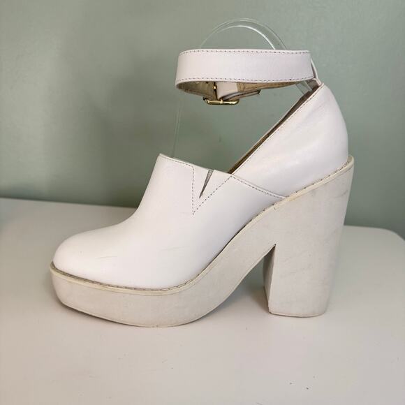 Windsor Smith POP Platform Womens 7 White Leather Block Heel Ankle Buckle Almond - Picture 4 of 14